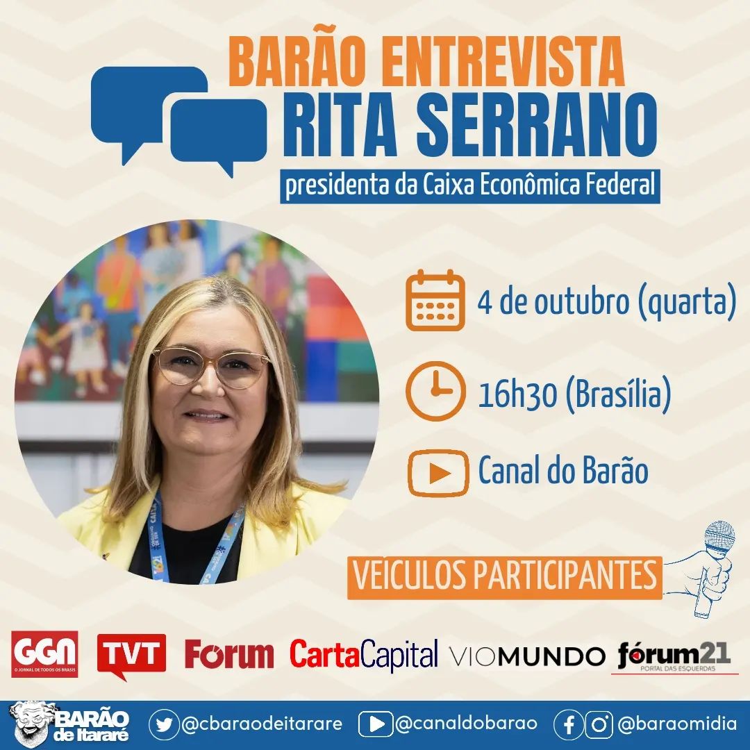 Mídia alternativa entrevista Rita Serrano, presidenta da Caixa, nesta 4a feira, 04/10, às 16h30.